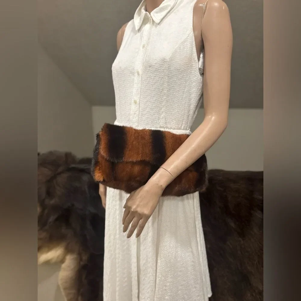 Brown Gradient Real Mink Fur Handmade Baguette Shoulder Bag, Multi Use Style